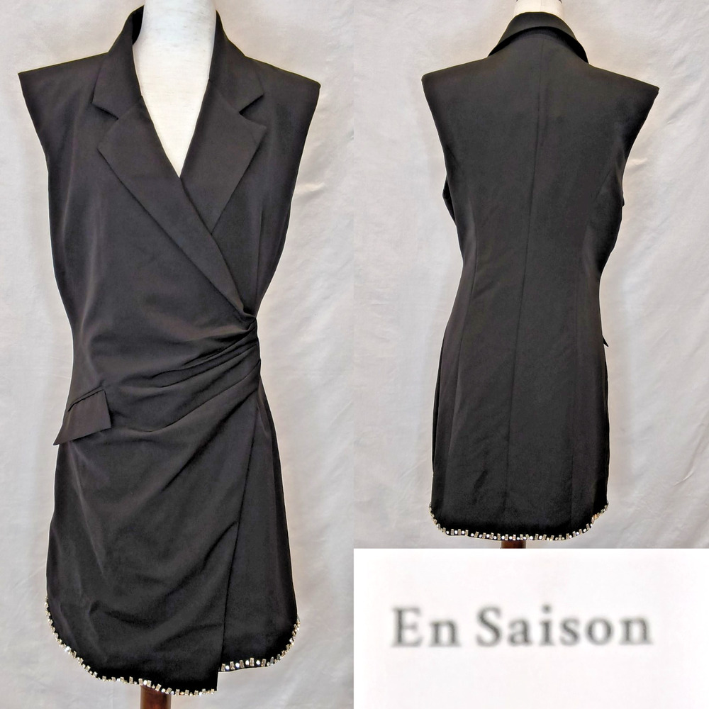 En Saison Roza Mini Dress Women's L Black Rhinestone Sleeveless NWT FLAW #W5582
